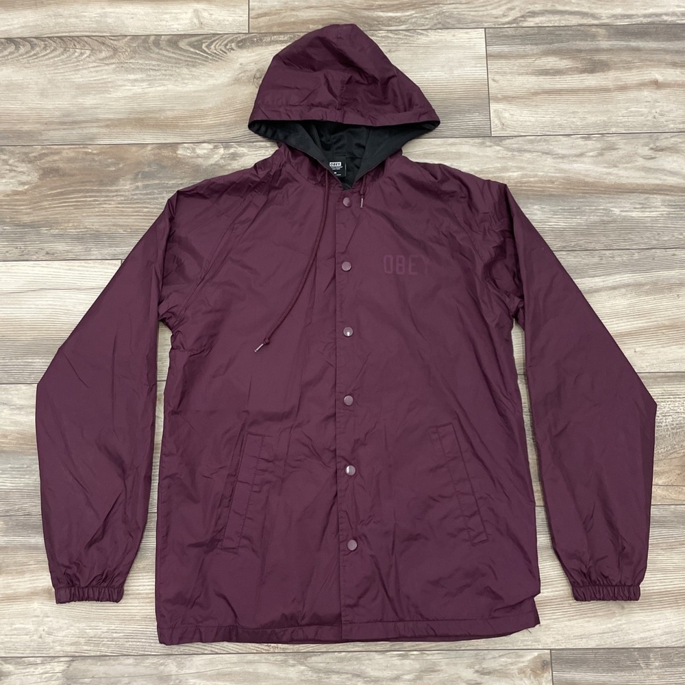 OBEY Mens Hooded Nylon Windbreaker Jacket Maroon Logo Snap Front Size M